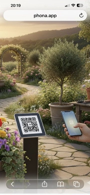 Customer scanning a QR code next to a plant in a garden centre to get instant AI-powered voice advice