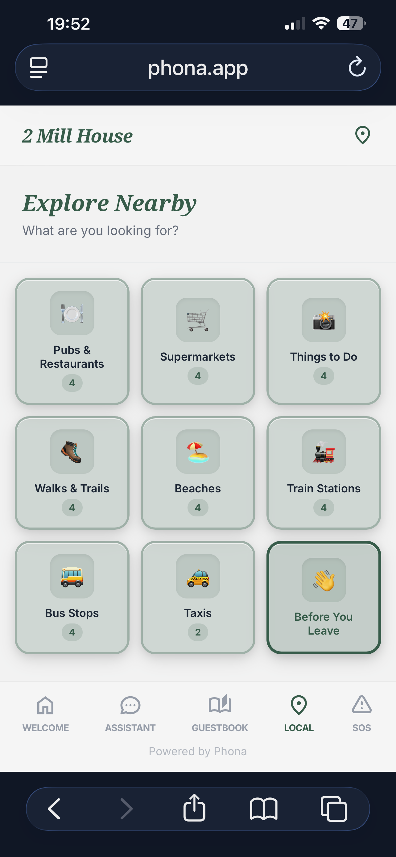 Local tab: category grid with pubs, restaurants, walks, beaches, and attractions nearby