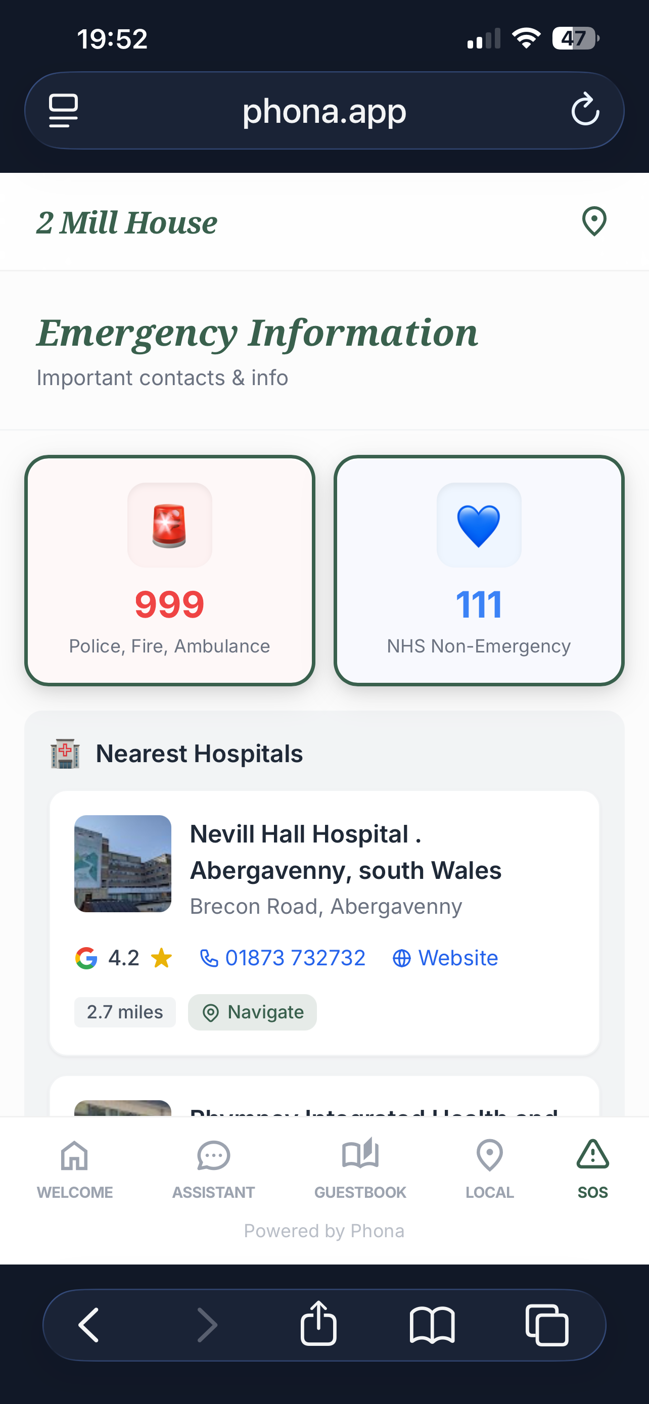 SOS tab: emergency numbers 999 and 111, nearest hospitals with distance and navigation